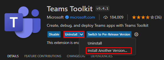 Screenshot: Option zum Auswählen einer anderen Version von Visual Studio Code